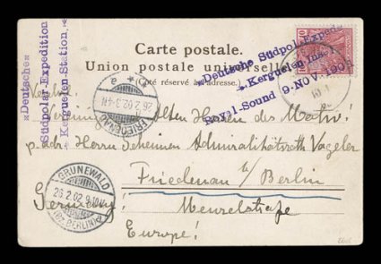 1901-03 German Gauss Antarctic Expedition, 1901 Expedition post card to Germany, with message from expedition member Carl Luyken, franked with 10pf Germania tied first by
superb three line Deutsche Sudpol-Exped*Kerguelen InselRoyal Sound 2 N
