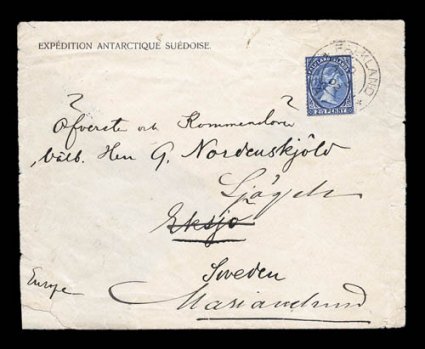 1901-03 Swedish South Polar Expedition, 1902 official cover bearing Expedition Antarctique Suedoise imprint at top left, sent by Otto Nordenskjold to his father in Sweden,
franked with Falkland Island 1891-1902 2 12p adhesive and tied by Falk