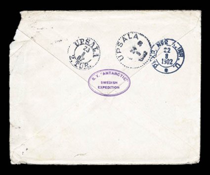 1901-03 Swedish South Polar Expedition, 1902 cover bearing a superb strike of small violet double oval S.Y. AntarcticSwedishExpedition cachet on reverse, sent to Sweden and
redirected internally, franked with Falkland Islands 1891-1902 2 1