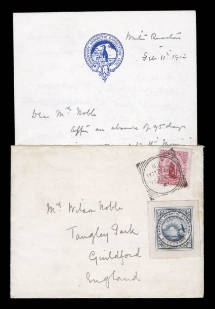1901-04 British National Antarctic Expedition, March 25, 1902 expedition envelope, with blue engraved Discovery Antarctic Expedition 1901 crest on reverse, sent from New
Zealand by Robert Scott himself to a Mrs. Wilson Noble in England, franked