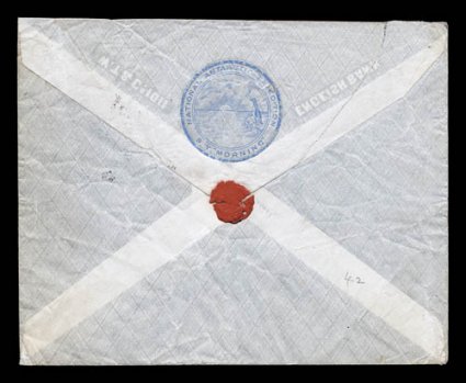 1901-04 British National Antarctic Expedition, May 5, 1902 expedition envelope bearing the circular blue cachet National Antarctic ExpeditionS.Y. Mourning on the reverse, from
New Zealand and addressed to Sir C.R. Markham in England, franked