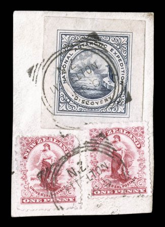 1901-04 British National Antarctic Expedition, a superbly margined example of the National Antarctic Expedition engraved vignette in deep blue, which has had the ships name
Discovery inserted in manuscript in the circle part of the design,