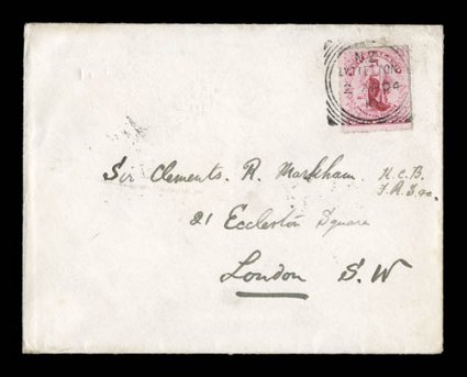 1901-04 British National Antarctic Expedition, April 2, 1904 expedition envelope, with blue engraved Discovery Antarctic Expedition 1901 crest on reverse, sent from New
Zealand to Sir Clements R. Markham in England, Markham being the principle