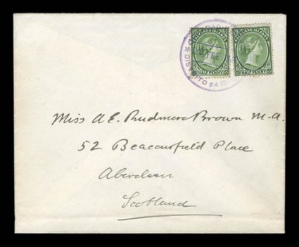 1902-04 Scottish National Antarctic Expedition, February 20, 1904 cover with colored badge of the expedition on back flap, posted to Scotland and franked with two Falkland
Island 12p Victoria adhesives which are tied by the extremely rare Orcad