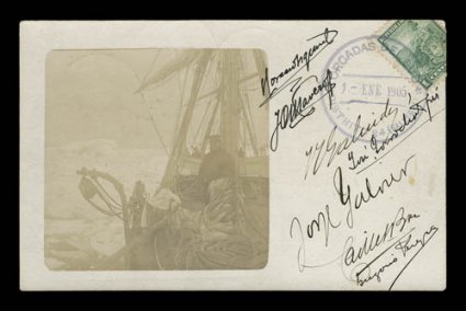 1902-04 Scottish National Antarctic Expedition, January 1, 1905 real photographic post card to Buenos Aires bearing, on the picture side, an Argentina 1899 1c (affixed around
the top right corner) and tied by an excellent strike of the rare Orca