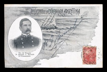 1903 Argentine Rescue Expedition of the Antarctic, series of six Recuerdo de la Expedicion Argentina picture post cards illustrating the sinking of the Swedish Expedition ship
Antarctic and a different member of the rescue crew, each bear