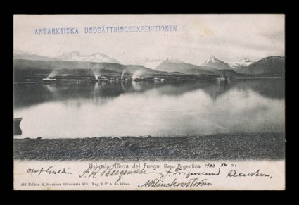 1903 Swedish Antarctic Rescue Expedition,1903 picture post card showing Ushuaia in Tierra del Fuego, sent from Ushuaia to Buenos Aires, bearing Argentina 1899 5c adhesive,
with rare blue straight line Antarktiska Undsattingsexpeditionen hands