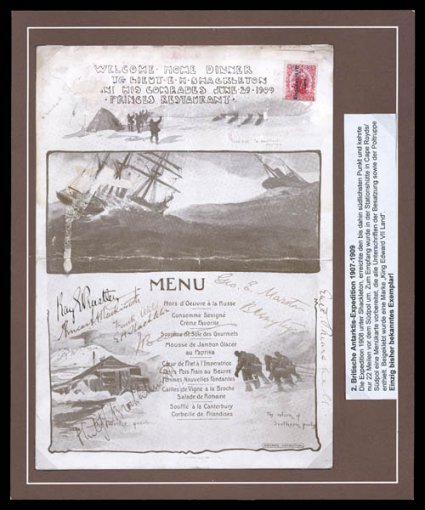 1907-09 British Antarctic Expedition, special large (177x226mm) sepia printed dinner menu, prepared for the June 29, 1909 Welcome Home Dinner to Lieut. E.H. Shackleton and His
Comrades at Princes Restaurant, for the return of Shackleton at Cape