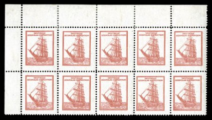1910-12 German South Polar Expedition, Deutsche Sudpolar Expedition red vignette, an impressive top left corner sheet-margin block of ten (5x2), huge balanced margins all
around, o.g., some light gum skips and a few reinforced separated perfora
