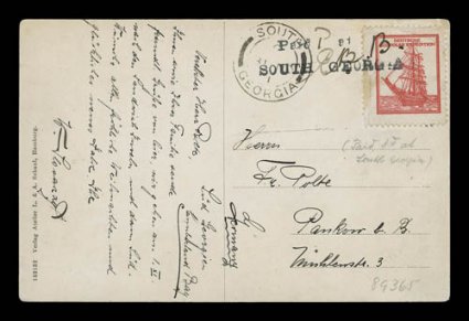 1910-12 German South Polar Expedition, Deutsche Sudpolar Expedition red vignette, tied to picture post card of the expedition ship Deutschland not by the usual four line
expedition cachet, but by the extremely rare Paid 1 at South Georgi