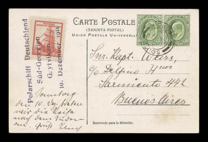 1910-12 German South Polar Expedition, Deutsche Sudpolar Expedition red vignette, tied to handsome picture post card of the expedition ship Deutschland by violet four line
Polarschiff DeutschelandSud-GeorgienGrytviken10. Dezember 1911