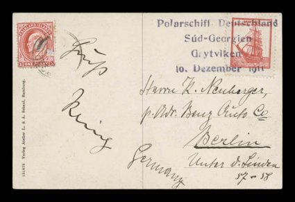 1910-12 German South Polar Expedition, Deutsche Sudpolar Expedition red vignette, tied to picture post card of the expedition ship Deutschland by violet four line Polarschiff
DeutschelandSud-GeorgienGrytviken10. Dezember 1911 cachet, u