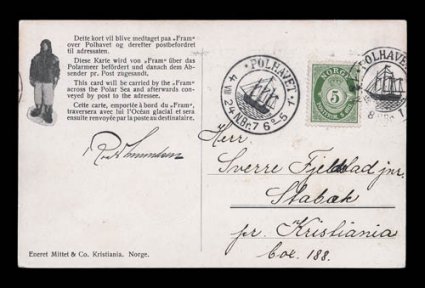 1910-12 Norwegian Antarctic Expedition, small specialized collection of items related to this expedition, includes two signed items, a 1912 dated picture post card signed by
Roald Amundsen, and a 1910 piece of expedition stationery with note sign