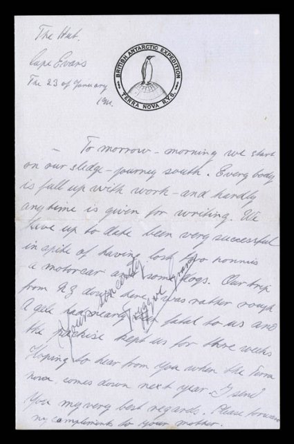 1910-13 British Antarctic Expedition, a choice matching cover and note, each with British Antarctic ExpeditionTerra Nova R.Y.S. embossed imprint, written by Tryggve Gran, the
Norwegian ski expert who Scott personally selected for the expedit