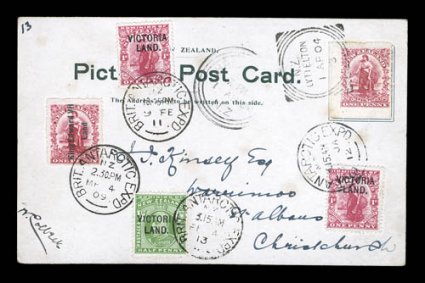 1904-13 British Antarctic Expeditions combination franking card, picture post card showing first Scott Expedition Party aboard the Discovery, where New Zealand 1p Universal is
tied by Lyttelton1 Ap 04 squared circle pmk. (date of Discove