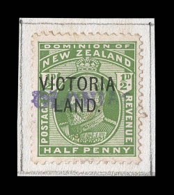 S.G. A2s, 1911-13 12p Green, overprinted VictoriaLand., with Colonias violet specimen handstamp, this special handstamp was applied in Lisbon to specimens received from Bern
for distribution to Portuguese Colonies, affixed to small piece
