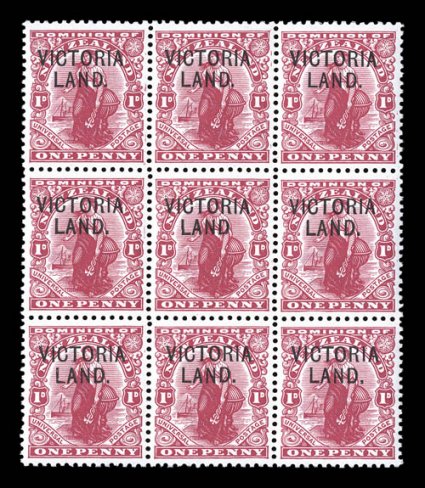 S.G. A3, A3a, 1911-13 1p Carmine, with VictoriaLand. overprint, no stop after Land variety, the center stamp in a gem mint block of nine (3x3), the variety being position R.
75 in the sheet, near perfect centering, brilliantly fresh, o.g.,