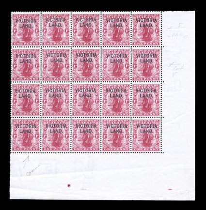 S.G. A3, 1911-13 1p Carmine, with VictoriaLand. overprint, an impressive bottom right corner sheet-margin block of twenty (4x5), with a couple of stamps showing interesting
overprint varieties, including the bottom left stamp in the multiple