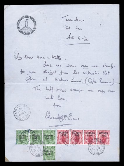 S.G. A2, A3, 1911-13 1p Deep green and 1p Carmine, with VictoriaLand. overprints, the 12p being an irregular block of four and the 1p in a horizontal strip of four, both units
tied to bottom of Terra Nova note paper by multiple strike