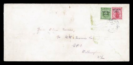 S.G. A2, A3, 1911-13 1p Deep green and 1p Carmine, with VictoriaLand. overprints, both tied to legal sized expedition cover by light strike of Brit Antarctic ExpdJa 1813
c.d.s., with British Antarctic ExpeditionTerra Nova R.Y.S. exped