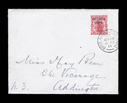 S.G. A3, 1911-13 1p Carmine, with VictoriaLand. overprint, attractive single tied to pristine expedition cover by choice strike of Brit Antarctic Expd9 Fe11 c.d.s., with
British Antarctic ExpeditionTerra Nova R.Y.S. printed imprint on