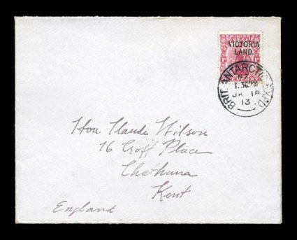 S.G. A3, 1911-13 1p Carmine, with VictoriaLand. overprint, attractive single tied to expedition cover by bold clear strike of Brit Antarctic ExpdJa 1813 c.d.s., the final
expedition mailing, with British Antarctic ExpeditionTerra Nova R