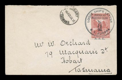 1911-14 Australian Antarctic Expedition, an immaculate 1911 cover, franked with Tasmania 1p Pictorial adhesive which is tied by a superb strike of Loose Ships LetterPost
atMacquarie IslandS.Y. AuroraA.A.E. expedition cachet, with illustrat