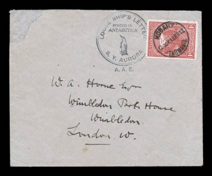 1911-14 Australian Antarctic Expedition, another rare 1912 commercial cover addressed to London from the expedition, franked with Tasmania 1p Pictorial adhesive which is
centrally cancelled with Hobart19.Mr.12 c.d.s., with a complete strike of