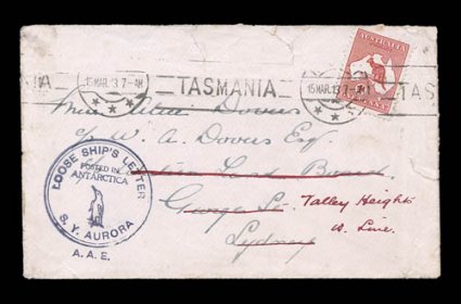 1911-14 Australian Antarctic Expedition, a highly desirable 1913 commercial cover addressed to Sydney, Australia (then redirected) from the expedition, franked with an
Australia 1p Kangaroo and tied by Hobart15 Mar.13 machine cancel, with a co