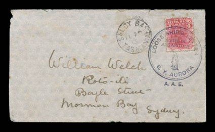 1911-14 Australian Antarctic Expedition, 1913 commercial cover addressed to Sydney, Australia, franked with New South Wales 1p adhesive which is tied by a complete strike of
Loose Ships LetterPost inAntarcticaS.Y. AuroraA.A.E. expedition c