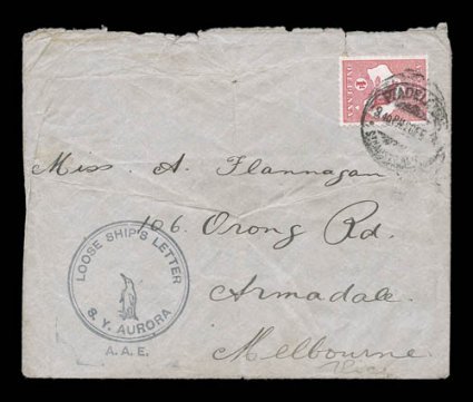 1911-14 Australian Antarctic Expedition, a rare 1914 cover addressed to Melbourne, Sydney, Australia from the expedition, franked with an Australia 1p Kangaroo and tied by
slightly blurred Port Adelaide26 Fe.14 c.d.s., with an excellent comple