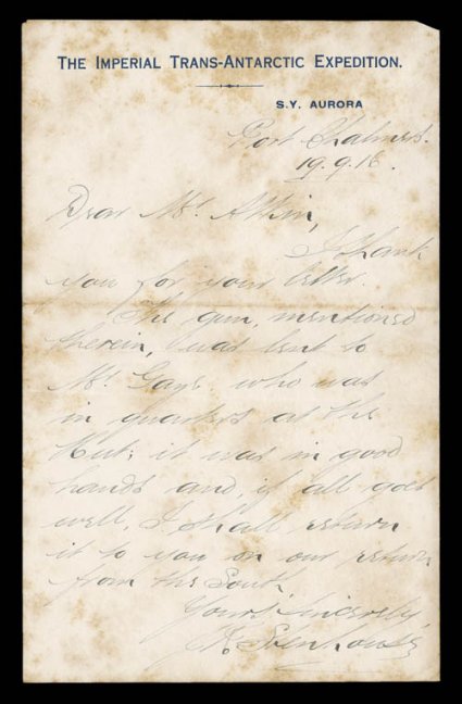 1914-16 British Imperial Trans-Antarctic Expedition, September 19, 1916 letter (foxing) and matching envelope being official stationery for The Imperial Trans-Antarctic
ExpeditionS.Y. Aurora, written at Post Chalmers and signed by Lt. J.R. Ste