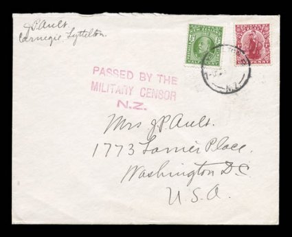 1915 American Carnegie Expedition, 1915 (Captain) J.P. AultCarnegie, Lyttelton endorsed cover to his wife in Washington, D.C., posted at Lyttelton with New Zealand 12p and 1p
adhesives on December 7th en route to the Antarctic on his magnet
