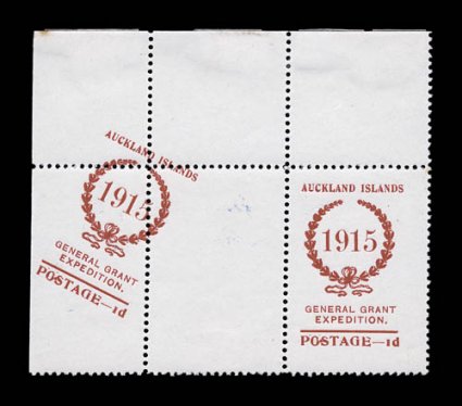 1915-16 General Grant Auckland Islands Expedition, a wonderful specialized collection of the two special 12p and 1p stamps created for mail for this little known expedition,
which was attempt by Captain Catling aboard the S.S. Enterprise