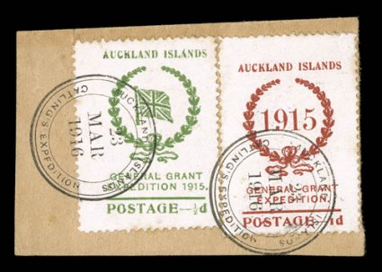 1915-16 General Grant Auckland Islands Expedition, 12p Green and 1p Red expedition stamps, tied to small piece by two strikes of Auckland Islands23 Mar 1916Catlings Expedition
double circle postmarks, very fine while mint examples of t