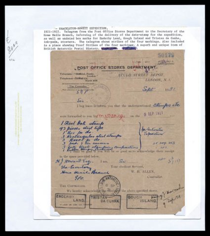 1921-22 Shackleton-Rowett Expedition, the September 8, 1921 original delivery note for the circular date stamp and boxed overprints for Enderby Land, Tristan da Cunha and
Gough Island, from the Post Office Stores Dept. listing the inventory of it