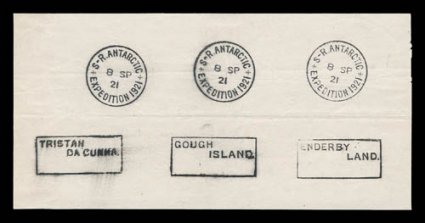 1921-22 Shackleton-Rowett Expedition, very scarce proof strikes of the three boxed handstamped overprints for Tristan da Cunha, Gough Island and Enderby Island, on a piece of
paper measuring 180x90mm), with three strikes of the special Expedition
