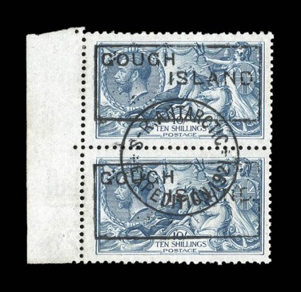 1921-22 Shackleton-Rowett Expedition, the impressive complete set of boxed Gough Island. handstamps on Great Britain 12p to 10- King George V, the 12p to 1- being singles and
each tied to small individual piece proof examples of the box