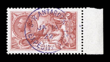 1921-22 Shackleton-Rowett Expedition, elusive group of five Great Britain George V issues, each bearing a portion of a violet S.R. AntarcticJa 1422Expedition 1921. c.d.s.,
which are believed to be trial impressions of the this special cancel