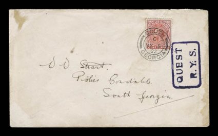 1921-22 Shackleton-Rowett Expedition, a stunning 1922 cover addressed to W.W. StuartPolice ConstableSouth Georgia, bearing a superb strike of the very rare violet boxed
QuestR.Y.S. ship cachet from the famous Shackleton Expedition, franked