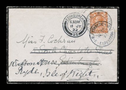1921-22 Shackleton-Rowett Expedition, 1922 mourning cover from Tristan da Cunha to Scotland, franked with Great Britain 2p George V adhesive and tied by both Trisdan da Cunha
type III cachet (S.G. C3) and S.R. Antarctic My 2522Expedition 1