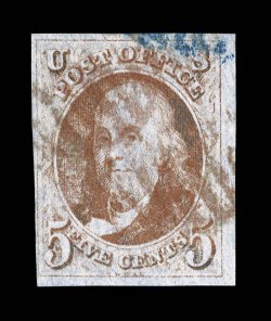 1c, 5c Red orange, a desirable used example of this rare color variety, four margins all around ranging from close at bottom left to quite sizable at right, attractive rich Red
orange color, light red grid cancel and a bit of a blue postmark at