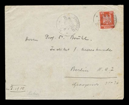 1925-27 German South Atlantic Expedition, scarce 1926 personal mail cover to Berlin, posted on board the Meteor, franked with German 10pf and is tied by the Meteor
DeutscheMarine SchiffspostNo. 14 2.8.26 c.d.s., during its two-year A