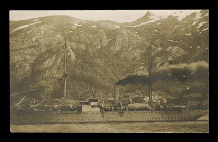 1925-27 German South Atlantic Expedition, most unusual real photographic post card depicting the Meteor, posted on board and franked with a German 5pf stamp and tied by the
Meteor DeutscheMarine SchiffspostNo. 14 15.2.27 c.d.s., duri