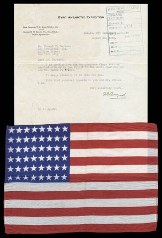 1928-30 First Byrd Expedition, marvelous typewritten letter on Byrd Antarctic Expedition stationery, signed R.E. Byrd, and addressed to Joseph T. Hartson in New York City,
stating I am sending you the two American flags that we carried w