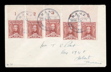 1929-31 B.A.N.Z.A.R.E. Mawson Expedition, attractive cover to Hobart impressively franked with five Australian 1930 1 12p Sturt Explorer adhesives (plate no. 1-5 singles),
tied by three excellent strikes of the fancy special cachet of the expe