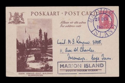 1947-48 Marion Island Postal History, an exceptional assemblage of early mail from this remote and desolate island (actually two islands) in southern Indian Ocean, now annexed
by South Africa, begins with two previously unrecorded examples of the