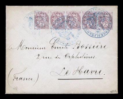 Kerguelen Island circa 1909 cover to Le Havre, franked with France a horizontal strip of five of the 2c Liberty stamps, tied by three strikes (progressively getting stronger,
including a superb third strike) of Residence de FranceIles Kerguel