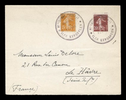 Kerguelen Island cover to Le Havre, franked with France 5c and 20c Sower and tied by two choice strikes of Republique FrancaiseResidence de FranceIles Kerguelen type II
Resident Administrator cachets in violet, light horizontal bend to co