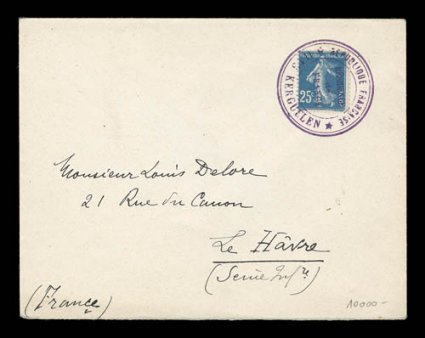 Kerguelen Island cover to Le Havre, franked with a single France 25c Sower and tied by a single perfect strike of Republique FrancaiseResidence de FranceIles Kerguelen type II
Resident Administrator cachet in violet, incredibly fresh and